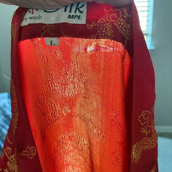 Kimono Style Robe Red Gold Dragon All Over Print Long Silk (?)Lounge Asian L - Picture 9 of 13